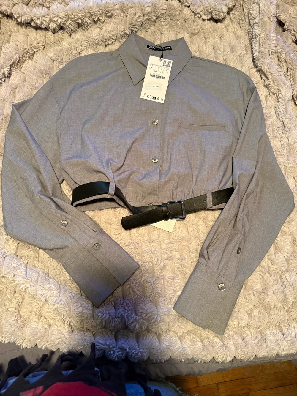 Zara Light Gray Cropped Shirt with Black Belt Detail